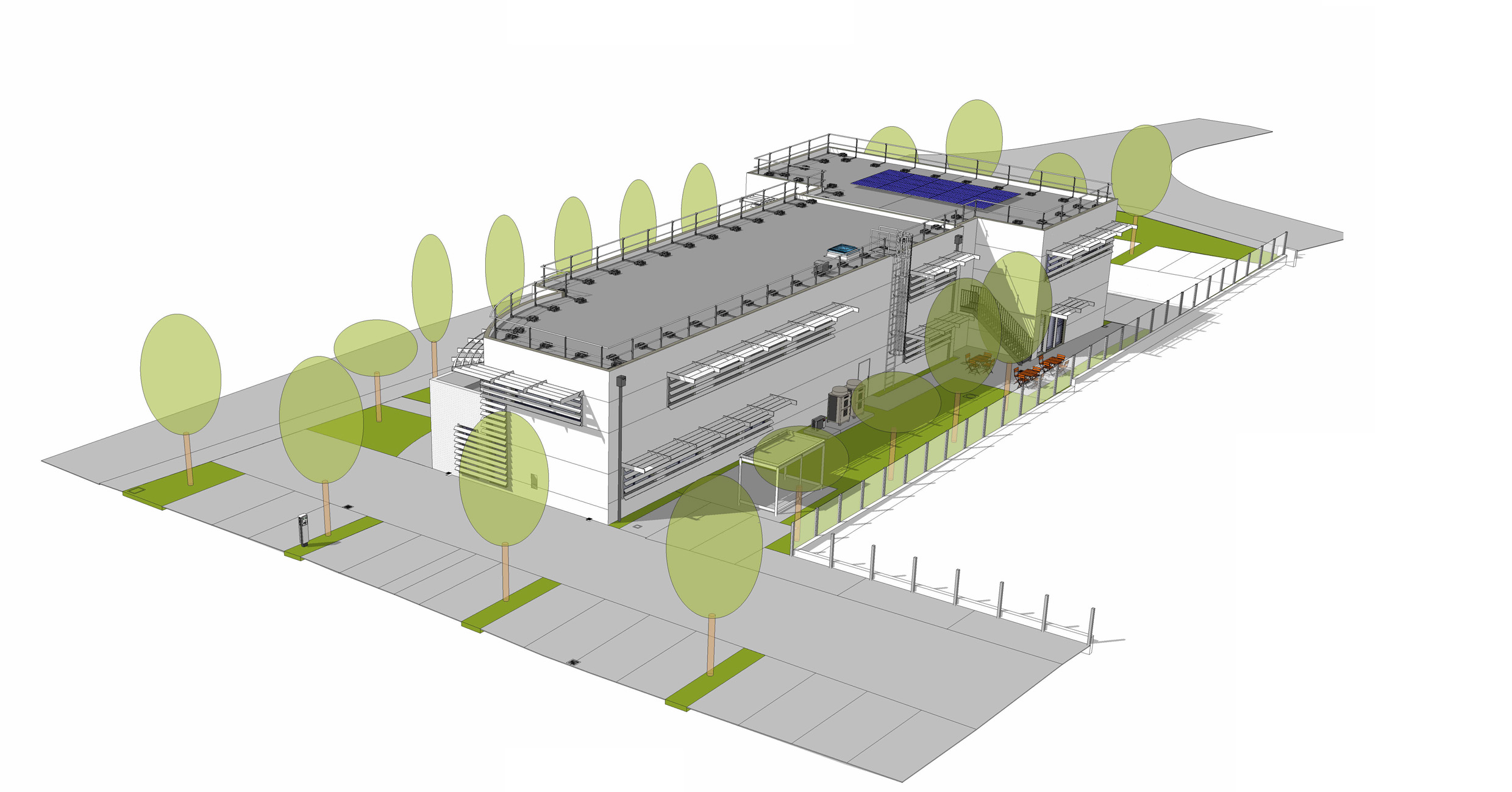 Rénovation énergétique et réaménagement des bureaux avec extension sur 2 niveaux. Gestion solaire par brise-soleils fixes et en casquette, et stores extérieurs enroulables. Ventilation naturelle nocturne par ouvertures des fenêtres avec moustiquaire et grille de défense. Maintien des haies existantes avec complément végétal afin d’apporter fraîcheur et ombre portée en particulier sur le côté ouest