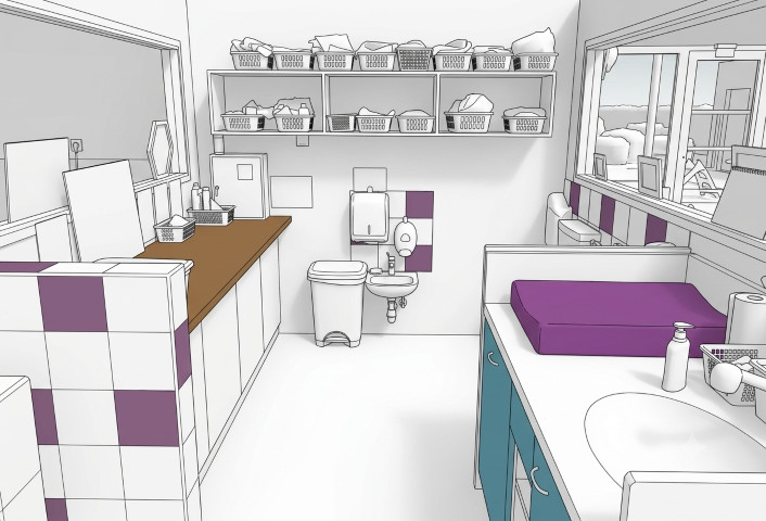 Aménagement sur mesure d'une micro-crèche à Lafenasse incluant un meuble de rangement et un meuble change en finition stratifiée.