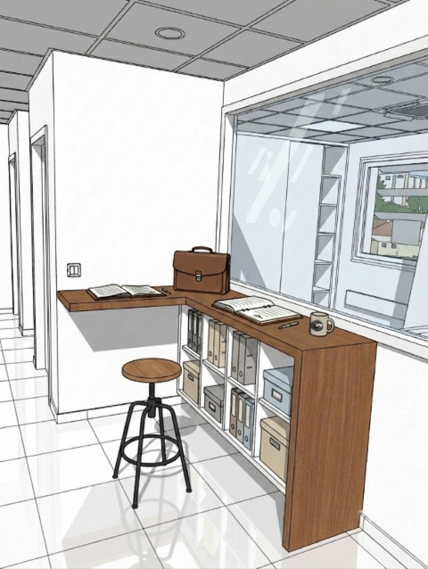 Meuble parapheur sur mesure conçu pour le Centre de gestion du Tarn à Albi. Illustration générée par IA représentant un projet réel des Ateliers de Puech Autenc.